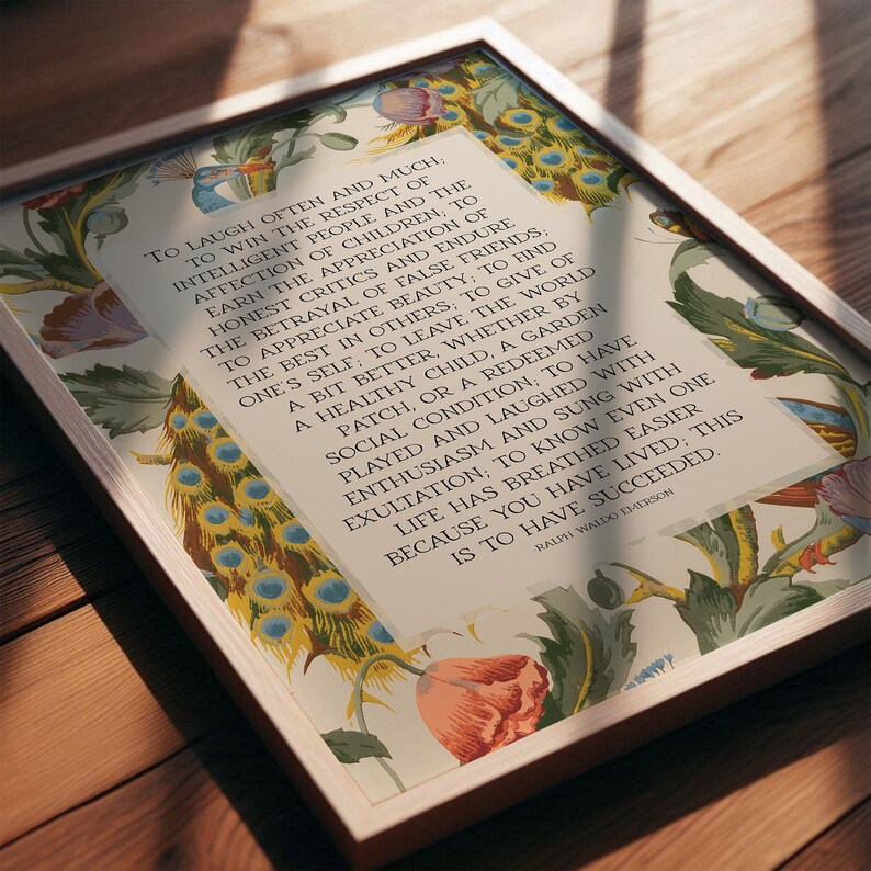 Art print of Ralph Waldo Emerson's Success quote - pictured in an uppercase serif font in a large beige rectangle in the middle of a background of an mid century peacock pattern.