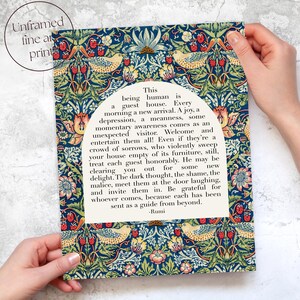 Rumi Guest House Quote | Mental Health Wall Art | Healing Journey, Self Care Office Decor with Colorful Vintage Art Print OR Canvas