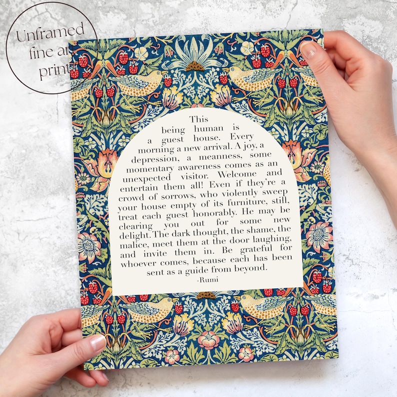 Rumi Guest House Quote | Mental Health Wall Art | Healing Journey, Self Care Office Decor with Colorful Vintage Art Print OR Canvas