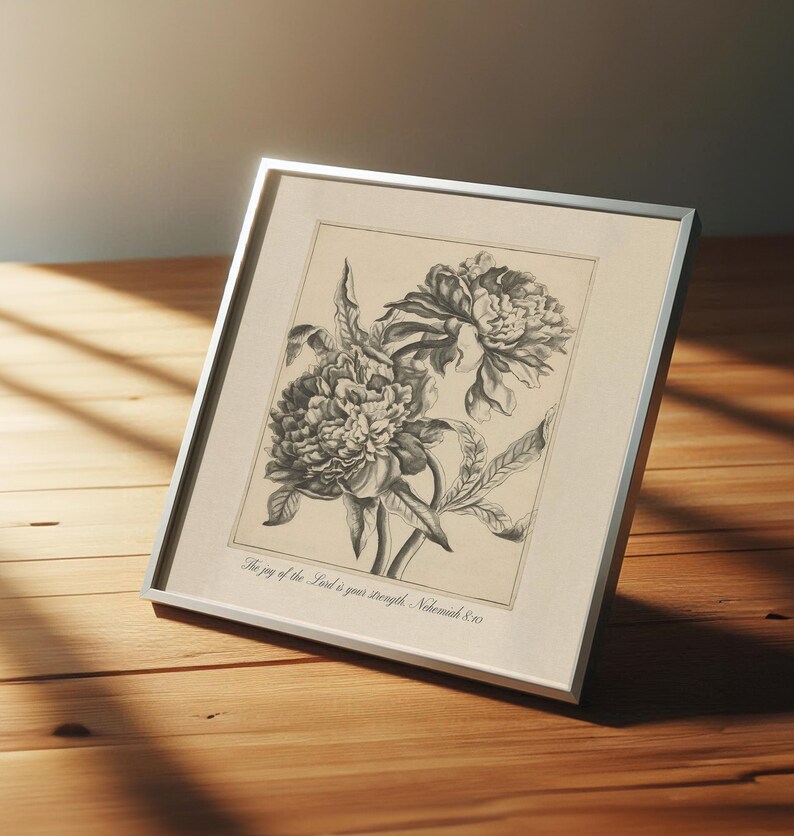 Vintage Christian art print with beautiful floral artwork and a Bible verse from Nehemiah 8 - The joy of the Lord is your strength.