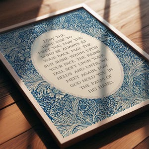Irish Blessing | May the Road Rise Poem for New Home, Closing, Housewarming Gift | Blue Floral William Morris Art | Celtic Print or Canvas