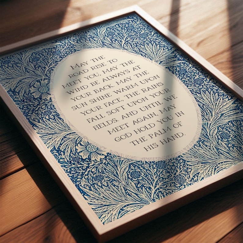 Irish Blessing | May the Road Rise Poem for New Home, Closing, Housewarming Gift | Blue Floral William Morris Art | Celtic Print or Canvas