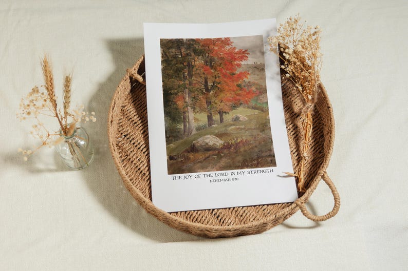 Joy of the Lord Print | Christian Fall Wall Art, Autumn Decor Bible Verse, Vintage Scripture Art | Nehemiah Biblical Decor | Print or Canvas