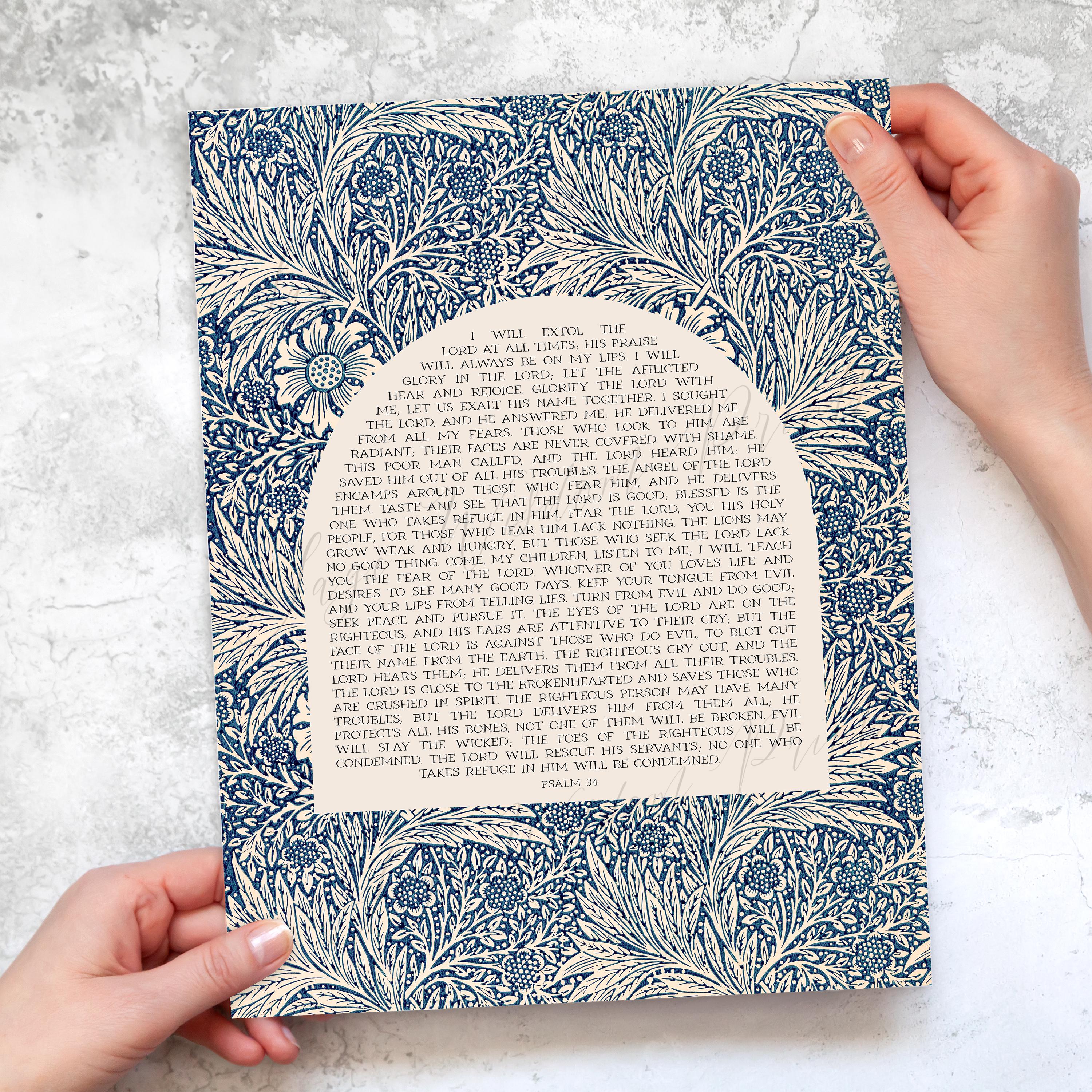 Psalm 34 Print | Christian Wall Art, Blue Vintage Floral Bible Verse ...