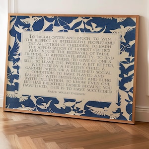 Poesia sul successo di Ralph Waldo Emerson / Arte murale poetica / Decorazione letteraria orizzontale in stile Mid-Century con uccelli blu astratti / Download digitale