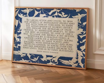 Ralph Waldo Emerson Success Poem | Poetry Wall Art | Horizontal Midcentury Style Literary Decor with Abstract Blue Birds | Digital Download
