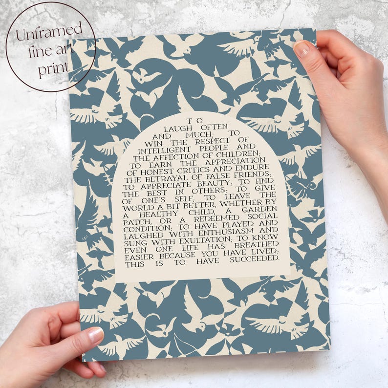 Success Quote, Ralph Waldo Emerson | Poetry Wall Art | Poem Print, Abstract Bird Midcentury Decor for Library or Classroom | Print or Canvas