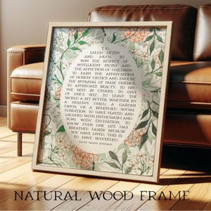 Success Quote, Ralph Waldo Emerson | Poetry Wall Art | Poem Print, Neutral Floral Decor for Library or Classroom | Framed Print or Canvas