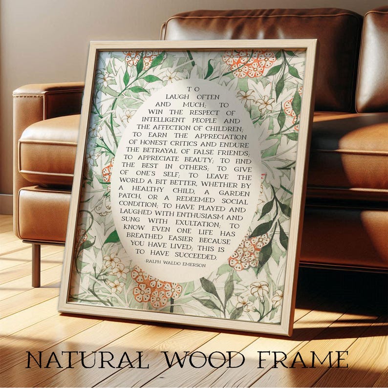 Success Quote, Ralph Waldo Emerson | Poetry Wall Art | Poem Print, Neutral Floral Decor for Library or Classroom | Framed Print or Canvas