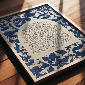 She Was Beautiful, F. Scott Fitzgerald Quote | Blue and White Literary Wall Art with Birds | Modern Art Print for Entryway | Print or Canvas