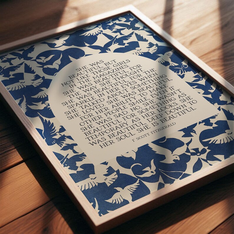 She Was Beautiful, F. Scott Fitzgerald Quote | Blue and White Literary Wall Art with Birds | Modern Art Print for Entryway | Print or Canvas