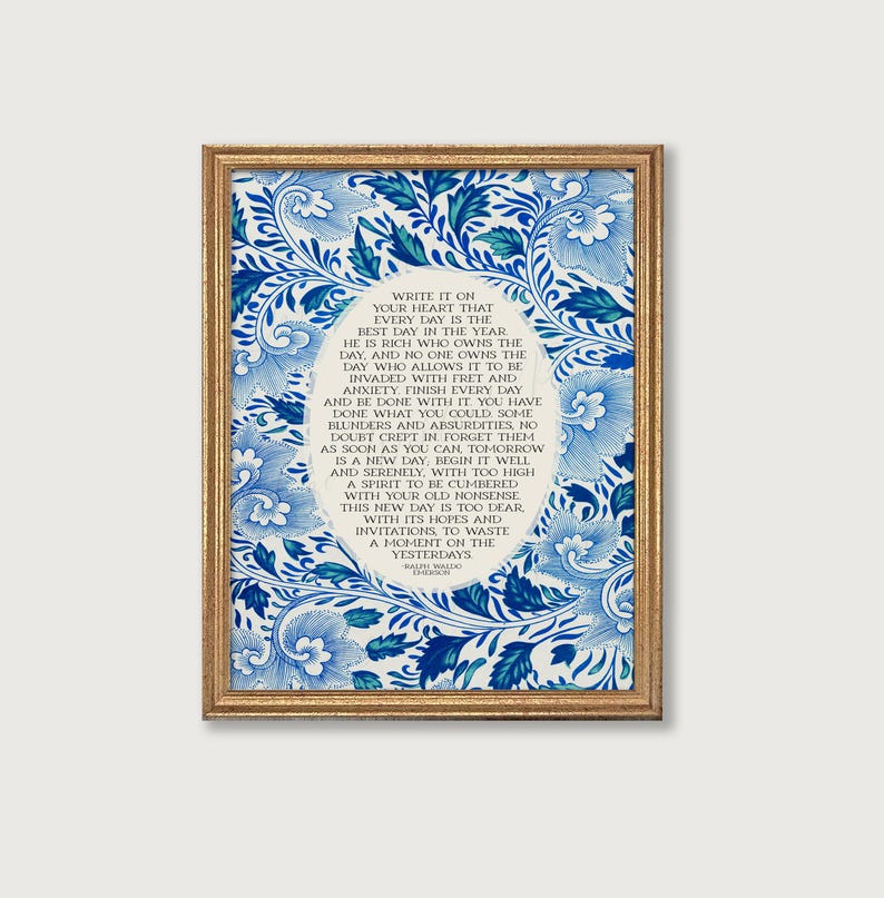 Ralph Waldo Emerson | Write it On Your Heart | Blue Green Vintage Floral Wall Art Print for Entryway, Kitchen, Digital Download, Printable