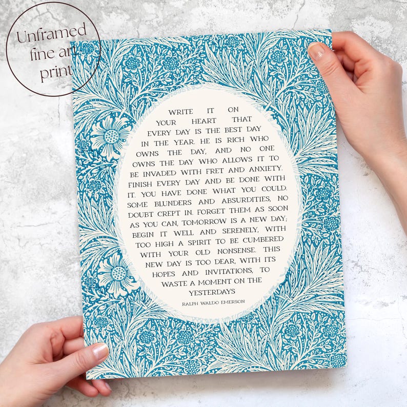 Ralph Waldo Emerson Poem Print | Boho Kitchen Wall Art for Poetry Lover | Write it On Your Heart | Blue Bathroom Decor | Print or Canvas