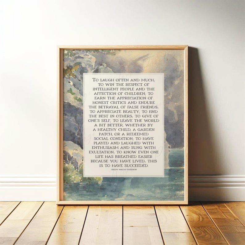 Ralph Waldo Emerson Poem: "Success" | Subtle Watercolor Vintage Poetry Wall Art | Framed Print or Canvas