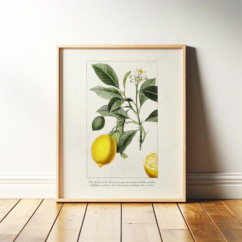 Fruit of the Spirit Printable Christian Wall Art | Galatians 5:22 Vintage Style Bible Verse Art, Lemon Print for Kitchen | Digital Download