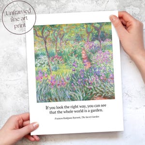 Quote from The Secret Garden in boho interior, with pastel vintage art from Monet