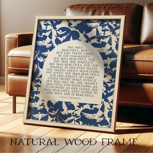 She Was Beautiful, F. Scott Fitzgerald Quote | Blue and White Literary Wall Art with Blue Birds | Modern Art Print, Framed Print or Canvas