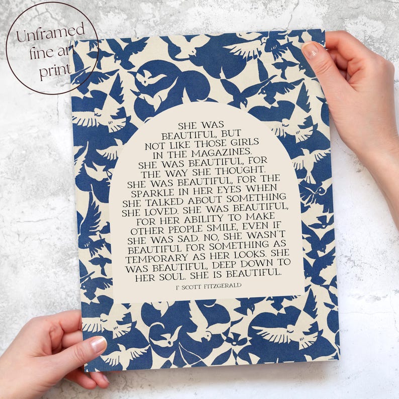 She Was Beautiful, F. Scott Fitzgerald Quote | Blue and White Literary Wall Art with Birds | Modern Art Print for Entryway | Print or Canvas