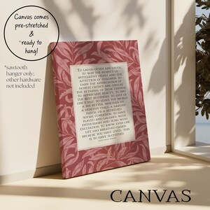 Ralph Waldo Emerson "Success" poem written in light beige center rectangle with a red floral William Morris background. Pictured as stretched canvas.