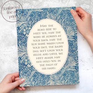 Irish Blessing | May the Road Rise Poem for New Home, Closing, Housewarming Gift | Blue Floral William Morris Art | Celtic Print or Canvas