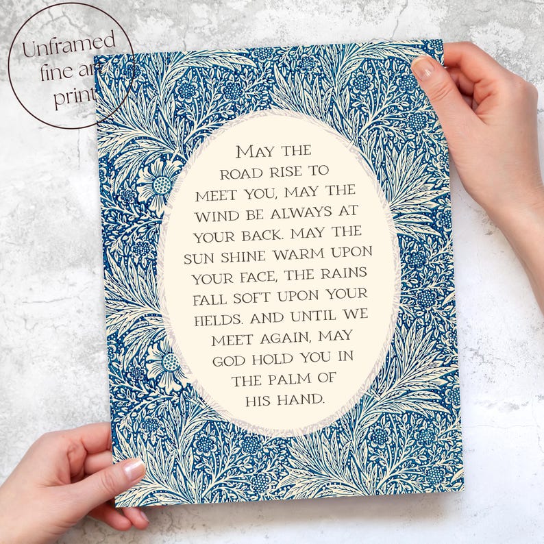 Irish Blessing | May the Road Rise Poem for New Home, Closing, Housewarming Gift | Blue Floral William Morris Art | Celtic Print or Canvas