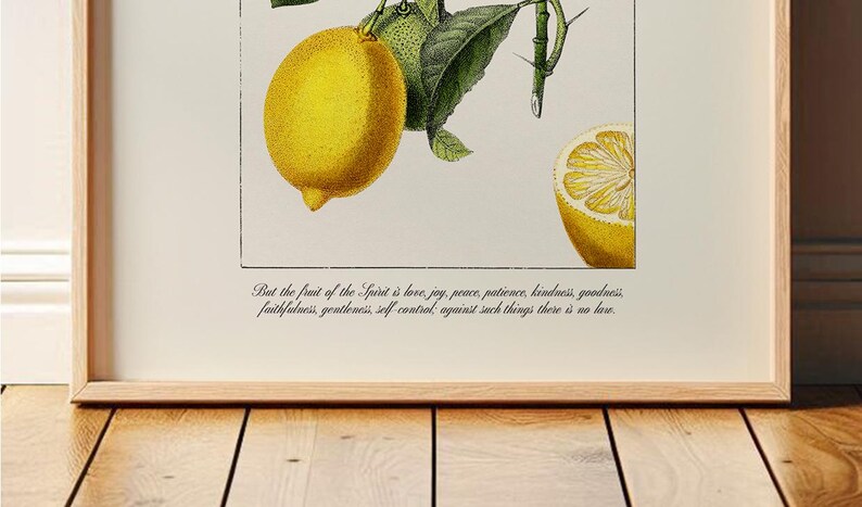 Fruit of the Spirit Printable Christian Wall Art | Galatians 5:22 Vintage Style Bible Verse Art, Lemon Print for Kitchen | Digital Download