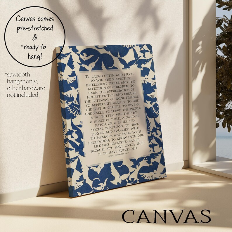 Success, Ralph Waldo Emerson Poetry Wall Art | Inspirational Poem Print, Mid Century Blue and White Abstract Bird Art Print or Canvas