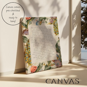 Art print of Ralph Waldo Emerson's Success quote - pictured in an uppercase serif font in a large beige rectangle in the middle of a background of an mid century peacock pattern.