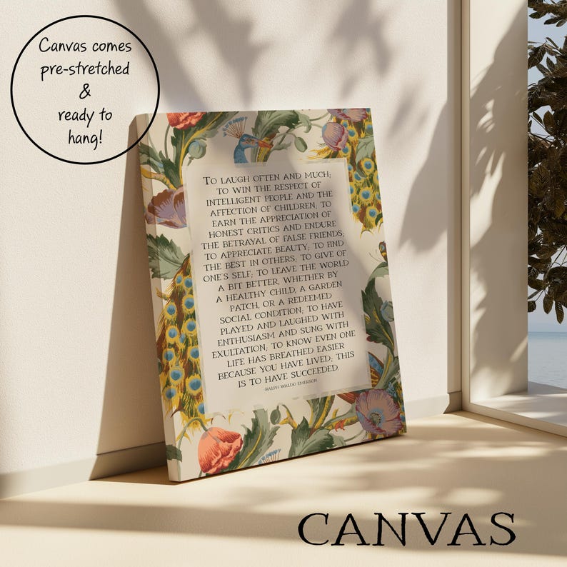 Art print of Ralph Waldo Emerson's Success quote - pictured in an uppercase serif font in a large beige rectangle in the middle of a background of an mid century peacock pattern.