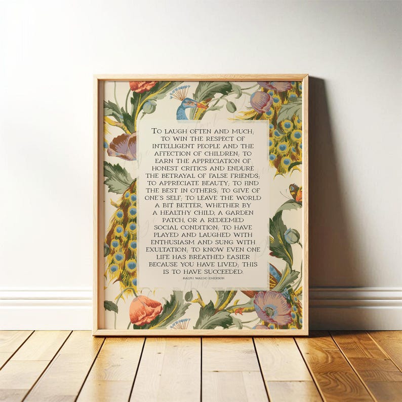 Success Quote, Ralph Waldo Emerson | Poetry Wall Art | Inspirational Poem Print, Mid Century Style Decor for Office | Framed Print or Canvas