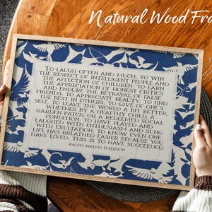 Ralph Waldo Emerson Success Poem | Poetry Wall Art | Horizontal Midcentury Style Literary Decor with Abstract Blue Birds | Print or Canvas