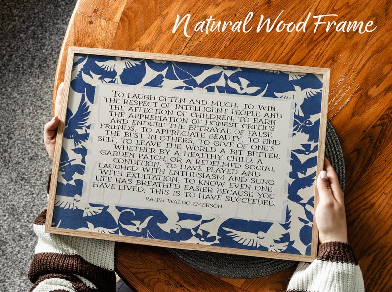 Ralph Waldo Emerson Success Poem | Poetry Wall Art | Horizontal Midcentury Style Literary Decor with Abstract Blue Birds | Print or Canvas