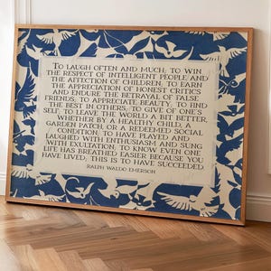 Ralph Waldo Emerson Success Poem | Poetry Wall Art | Horizontal Midcentury Style Literary Decor with Abstract Blue Birds | Digital Download