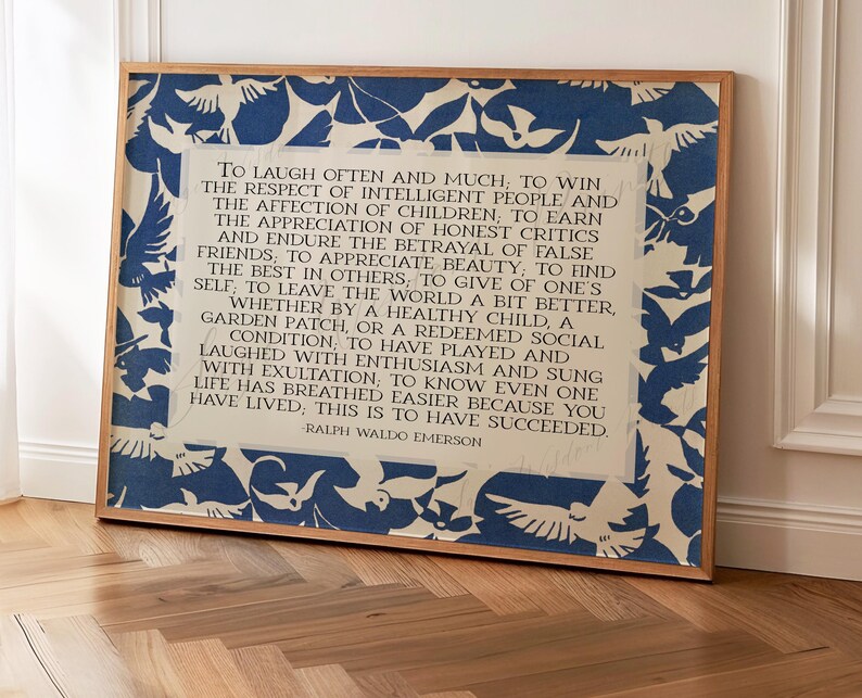 Ralph Waldo Emerson Success Poem | Poetry Wall Art | Horizontal Midcentury Style Literary Decor with Abstract Blue Birds | Digital Download