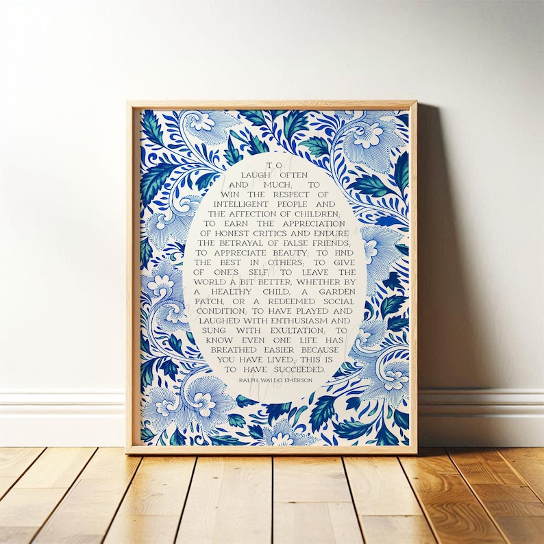 Success Quote, Ralph Waldo Emerson | Poetry Wall Art | Poem Print, Blue Floral Decor for Office or Classroom | Framed Print or Canvas