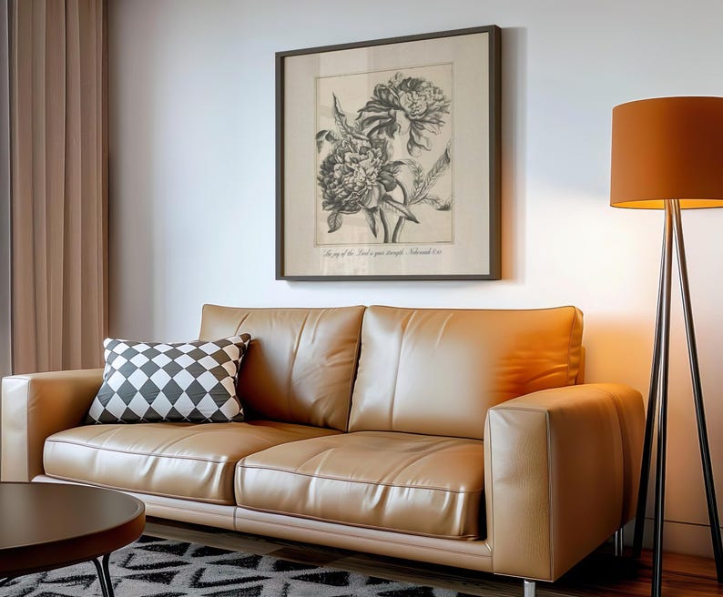 Vintage Christian art print with beautiful floral artwork and a Bible verse from Nehemiah 8 - The joy of the Lord is your strength.