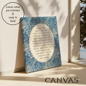 Irish Blessing | May the Road Rise Poem for New Home, Closing, Housewarming Gift | Blue Floral William Morris Art | Celtic Print or Canvas