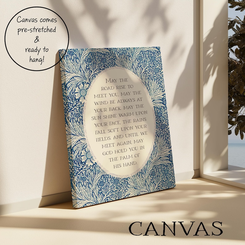 Irish Blessing | May the Road Rise Poem for New Home, Closing, Housewarming Gift | Blue Floral William Morris Art | Celtic Print or Canvas