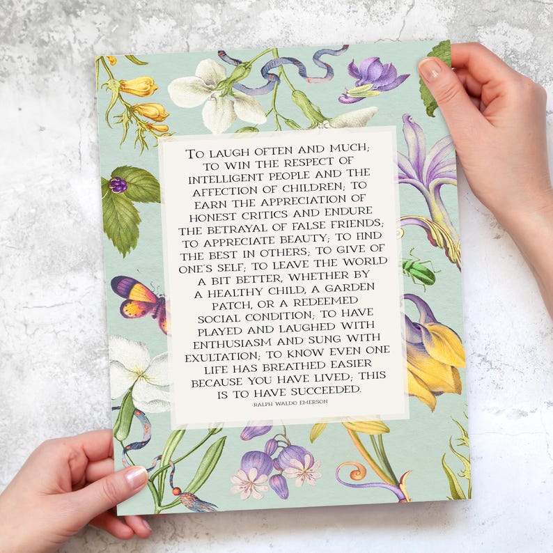Print of Ralph Waldo Emerson Success poem written in a white center rectangle, surrounded by a background of light blue with vintage floral artwork. Pictured as giclee print.