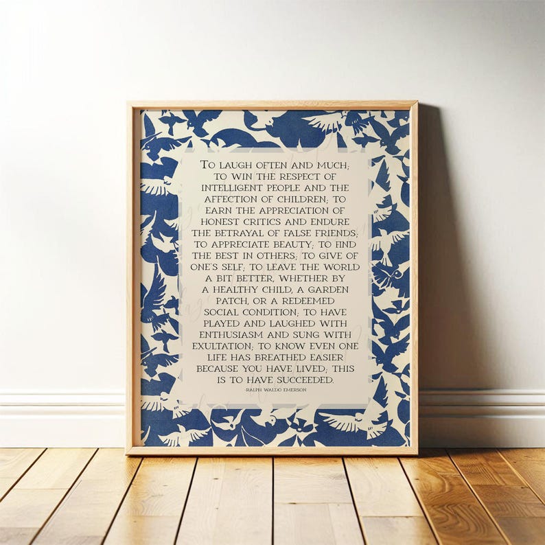 Success, Ralph Waldo Emerson Poetry Wall Art | Inspirational Poem Print, Mid Century Blue and White Abstract Bird Art Print or Canvas