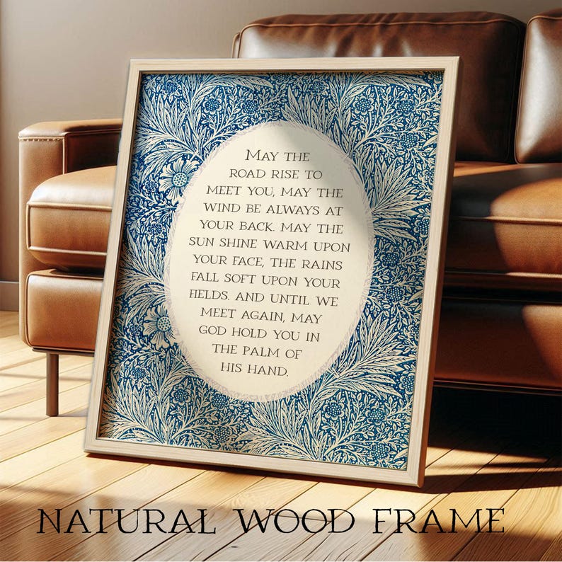 Irish Blessing | May the Road Rise Poem for New Home, Closing, Housewarming Gift | Blue Floral William Morris Art | Celtic Print or Canvas