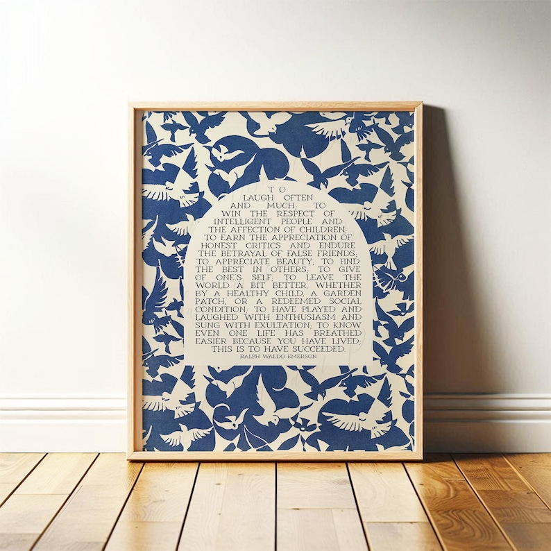 Success Quote, Ralph Waldo Emerson | Poetry Wall Art | Poem Print, Abstract Bird Midcentury Decor for Library or Classroom | Print or Canvas