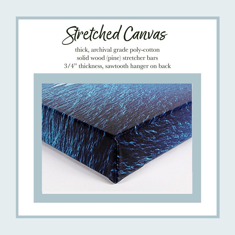 canvas info - thick polycotton canvas, hand stretched over solid wood stretcher bars, with sawtooth hanger, 3/4" thickness