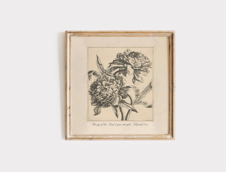 Nehemiah 8:10, Christian Wall Art with Vintage Floral Art, Square Print | The Joy of the Lord is Your Strength, Bible Verse Digital Download