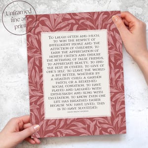Ralph Waldo Emerson "Success" poem written in light beige center rectangle with a red floral William Morris background. Pictured as giclee print