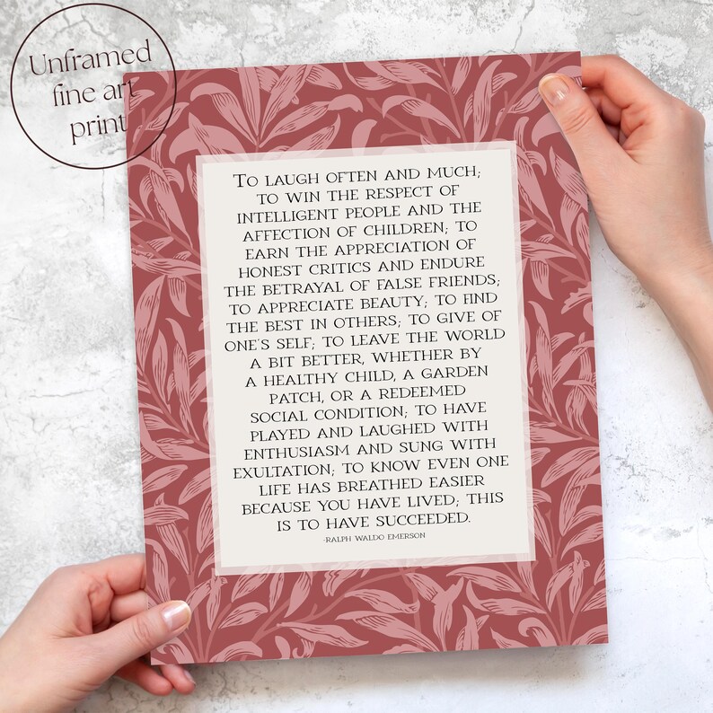 Ralph Waldo Emerson "Success" poem written in light beige center rectangle with a red floral William Morris background. Pictured as giclee print
