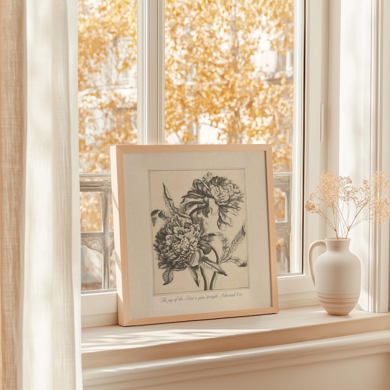 Vintage Christian art print with beautiful floral artwork and a Bible verse from Nehemiah 8 - The joy of the Lord is your strength.