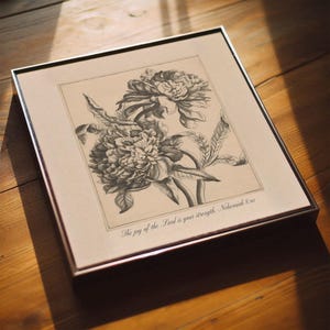 Vintage Christian art print with beautiful floral artwork and a Bible verse from Nehemiah 8 - The joy of the Lord is your strength.
