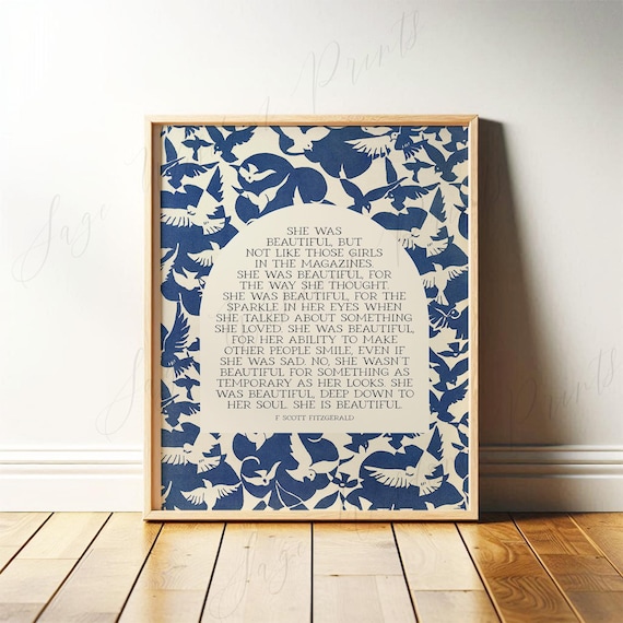 She Was Beautiful, F. Scott Fitzgerald Quote | Blue and White Literary Wall Art with Blue Birds | Modern Art Print, Framed Print or Canvas