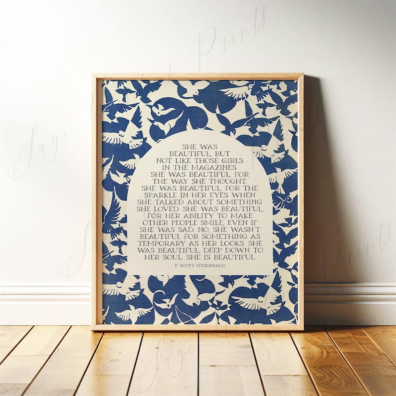 She Was Beautiful, F. Scott Fitzgerald Quote | Blue and White Literary Wall Art with Birds | Modern Art Print for Entryway | Print or Canvas
